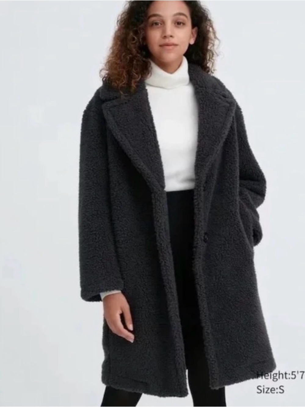 Uniqlo Dark Charcoal Teddy Coat - Long Faux Shearling Jacket